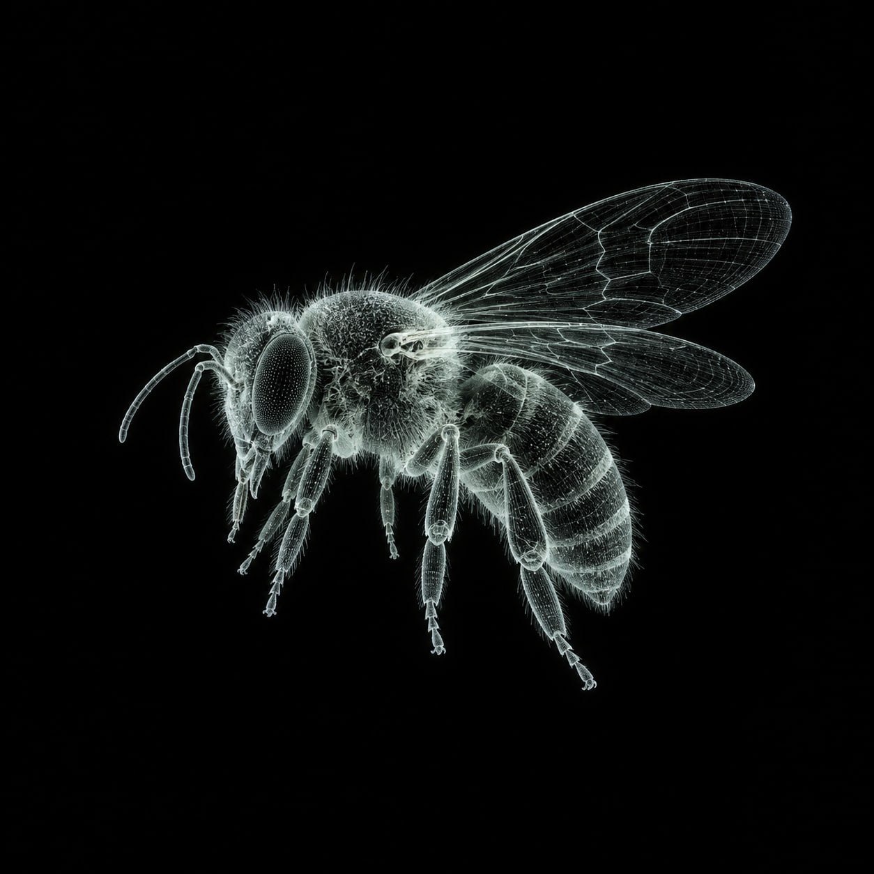 BEE logo: a pale, finely detailed honeybee on black